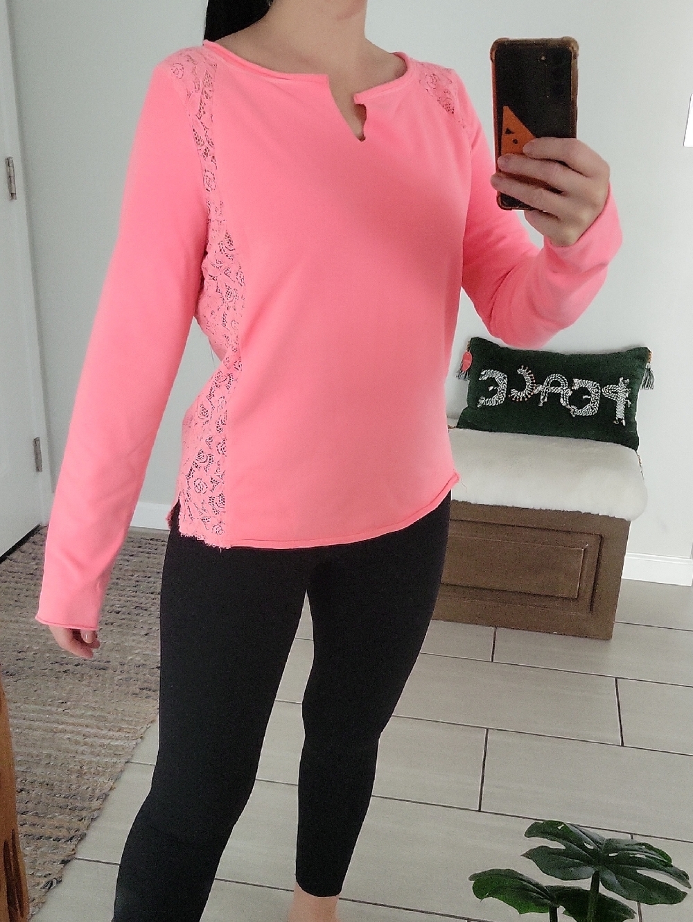 Kensie Coral Pink Lace-Trim Long Sleeve Top